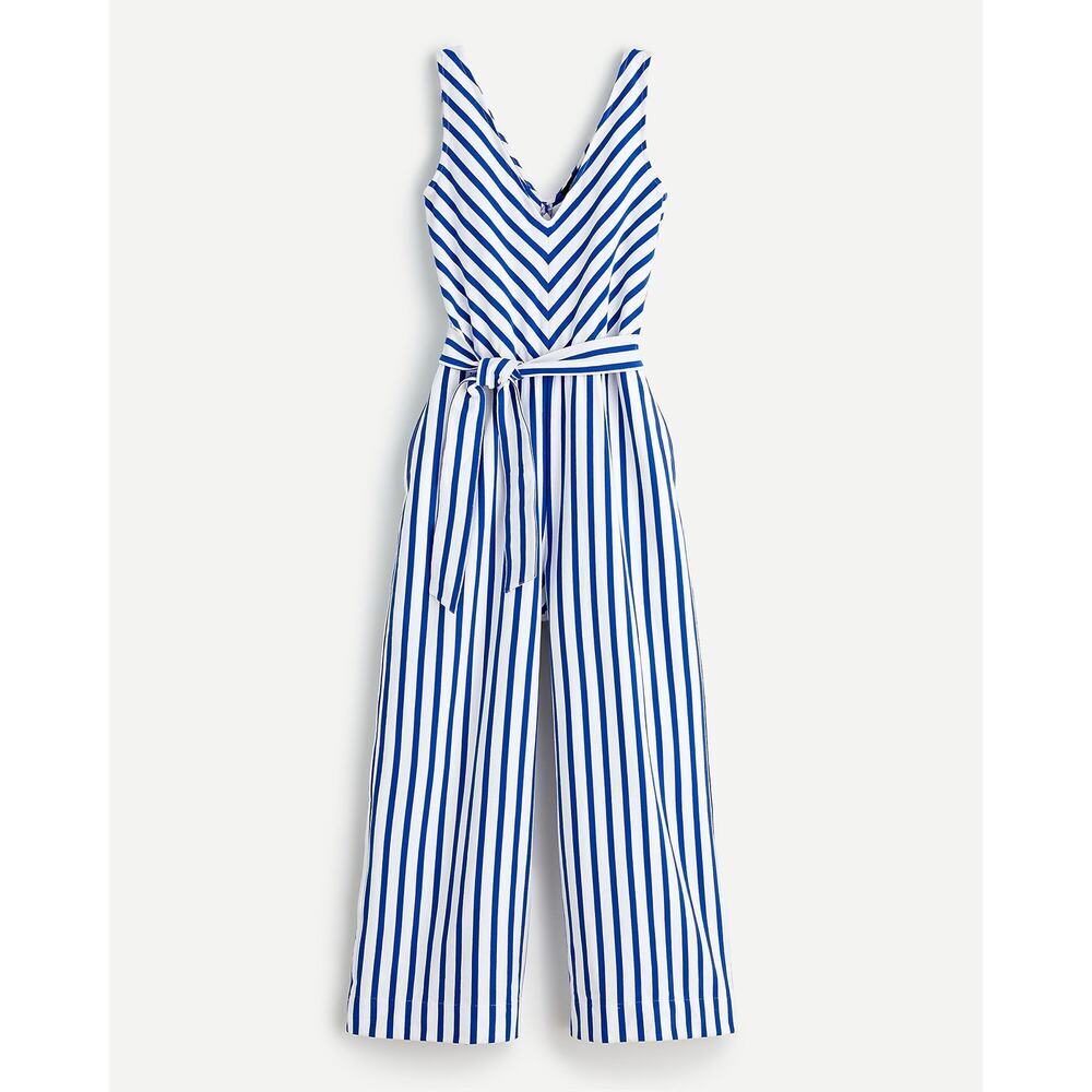 NWT J. Crew 2 V Neck Wide Leg Jumpsuit Stripe Blue White AO494